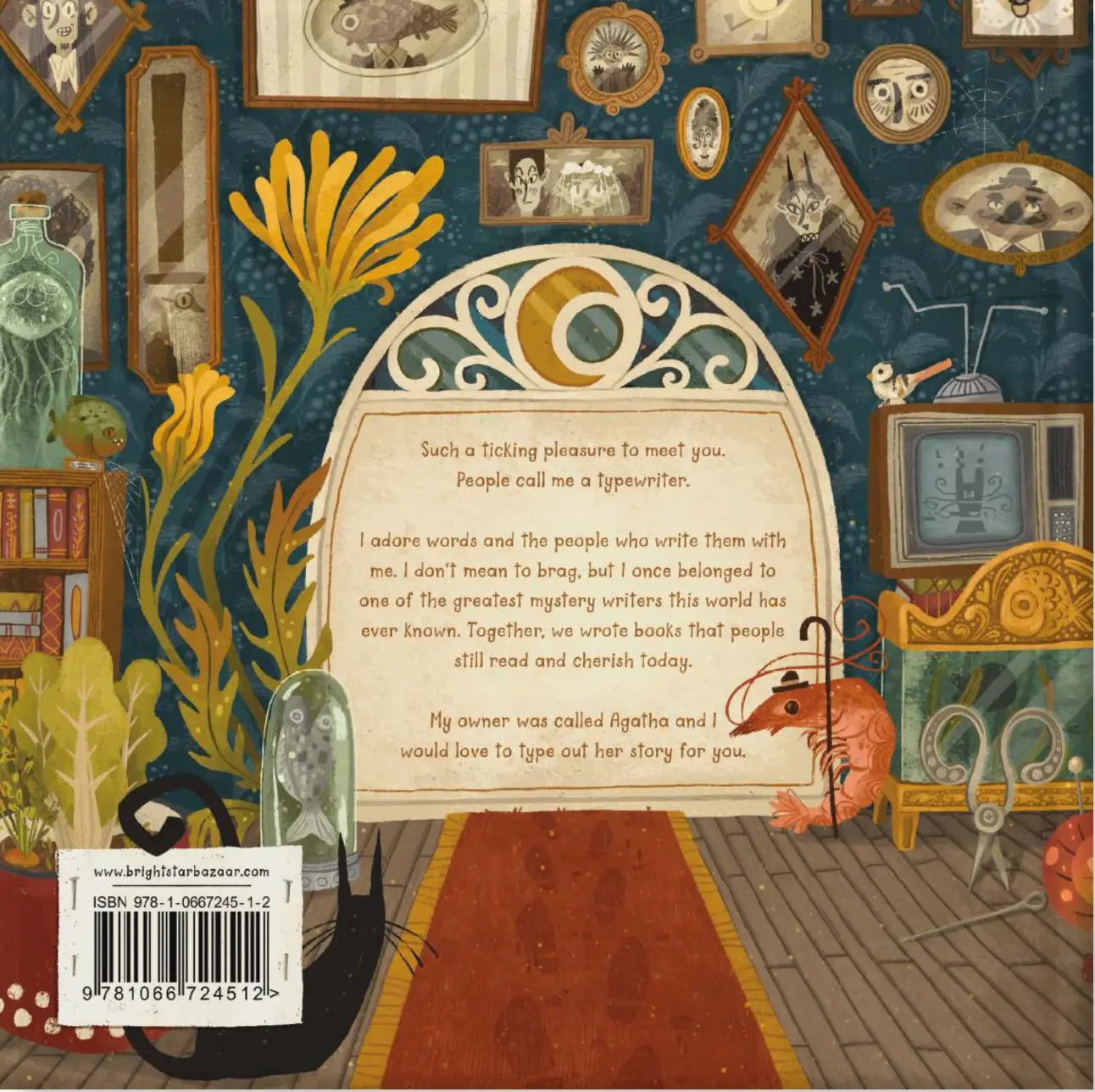 The Tiny Typewriter — back cover, an arched cream text plaque in a curiosity-filled room with framed portraits, a black cat, a bookshelf and a prawn in a top hat