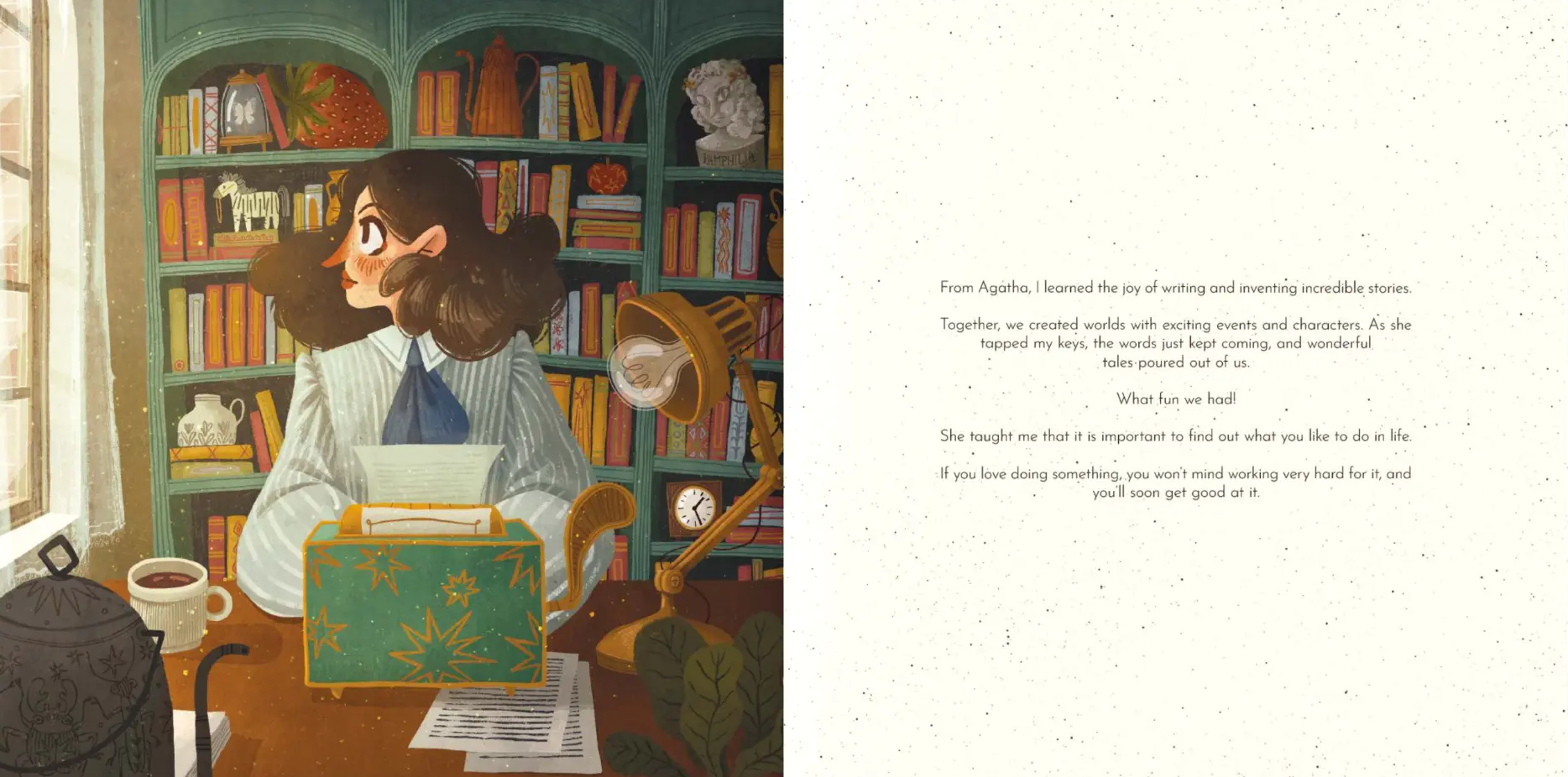 Interior spread from The Tiny Typewriter — the green typewriter with orange starbursts on Agatha's desk, an open window and a wall of books behind her