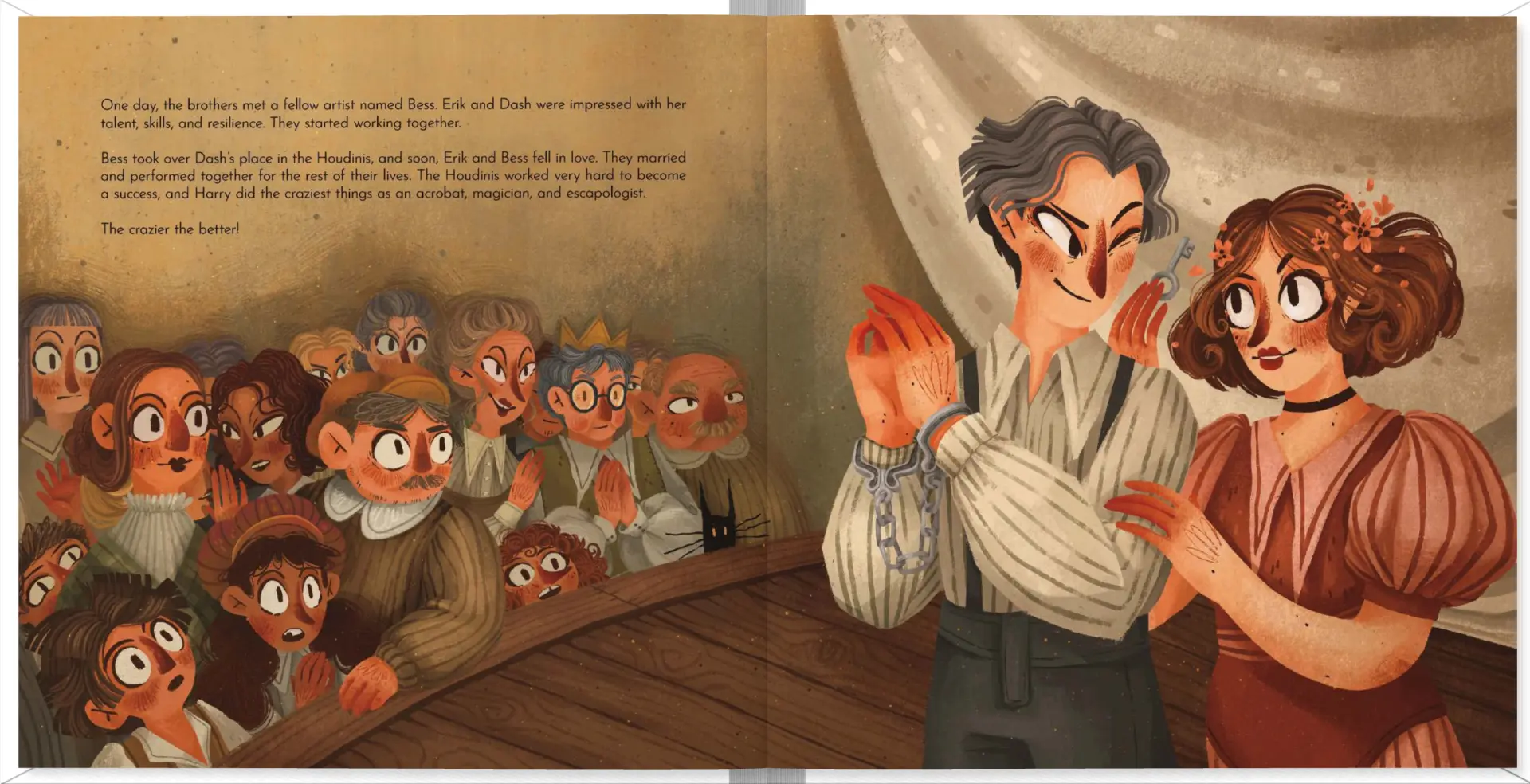 Interior spread from The Magical Manacles — Harry Houdini and Bess on stage before a wide-eyed crowd