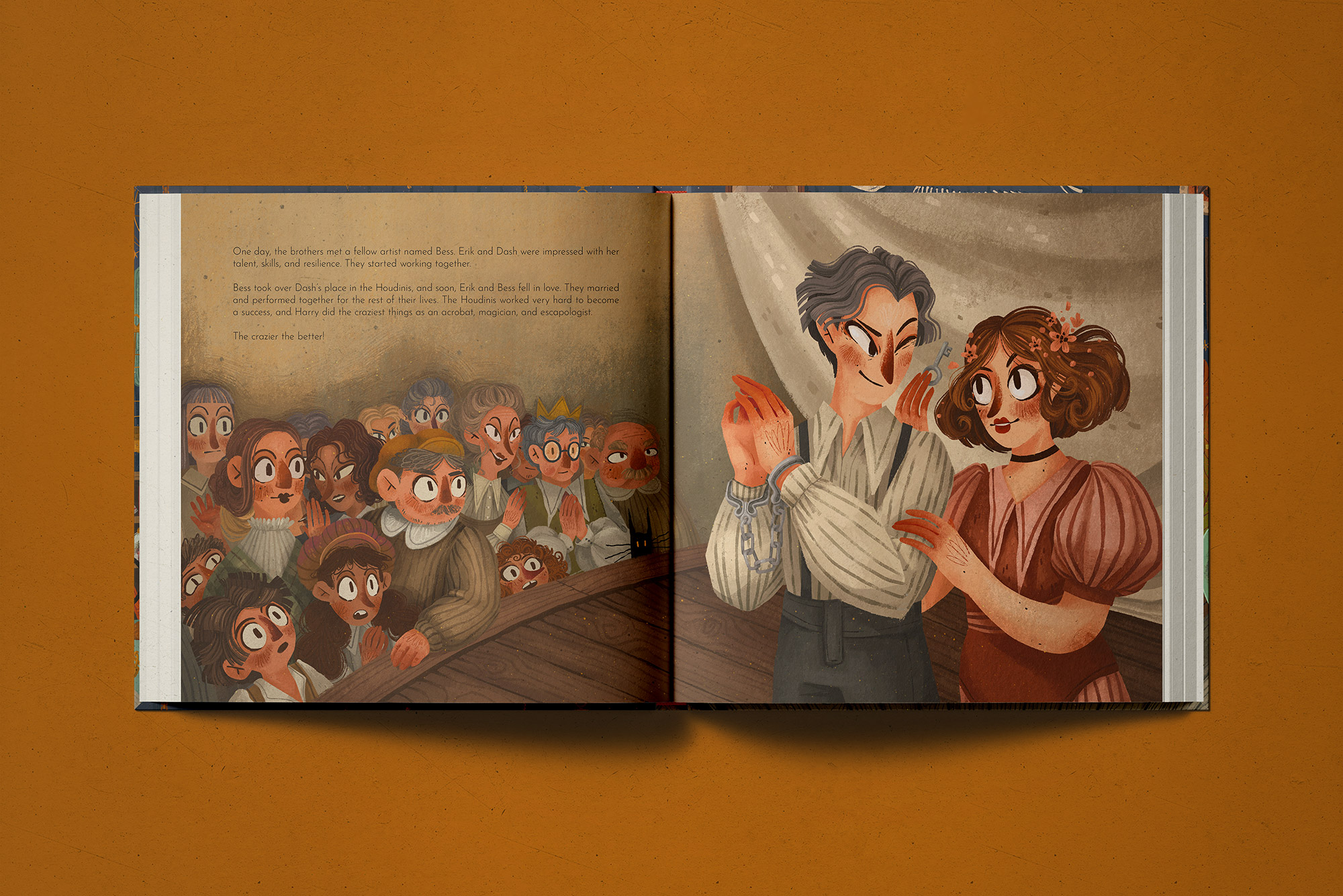 Interior spread from The Magical Manacles — Harry and Bess on a wooden stage before a packed audience, Harry's wrists bound in handcuffs with a small key floating beside his head