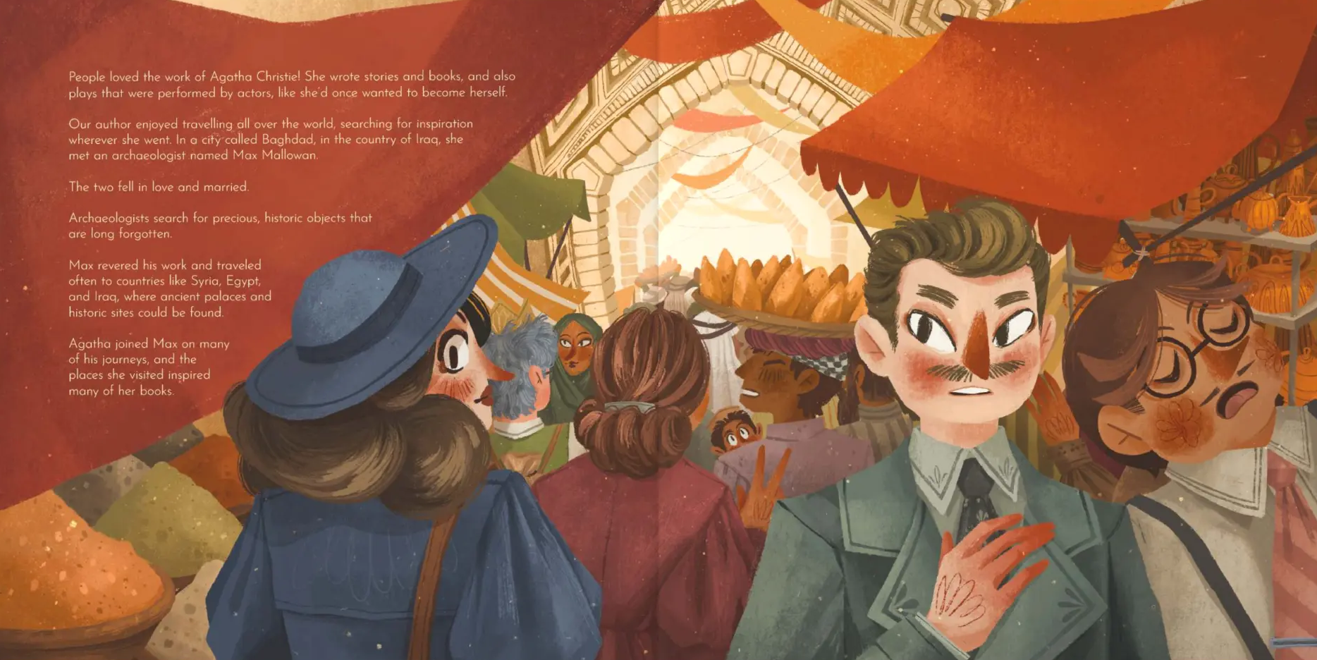 Interior spread from The Tiny Typewriter — Agatha and Max in a sunlit Baghdad marketplace under terracotta awnings