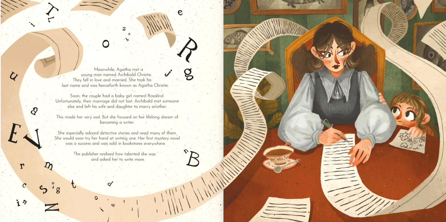 Interior spread from The Tiny Typewriter — Agatha writing at her desk as a long scroll of paper unrolls across the spread, her daughter Rosalind peeking over the edge