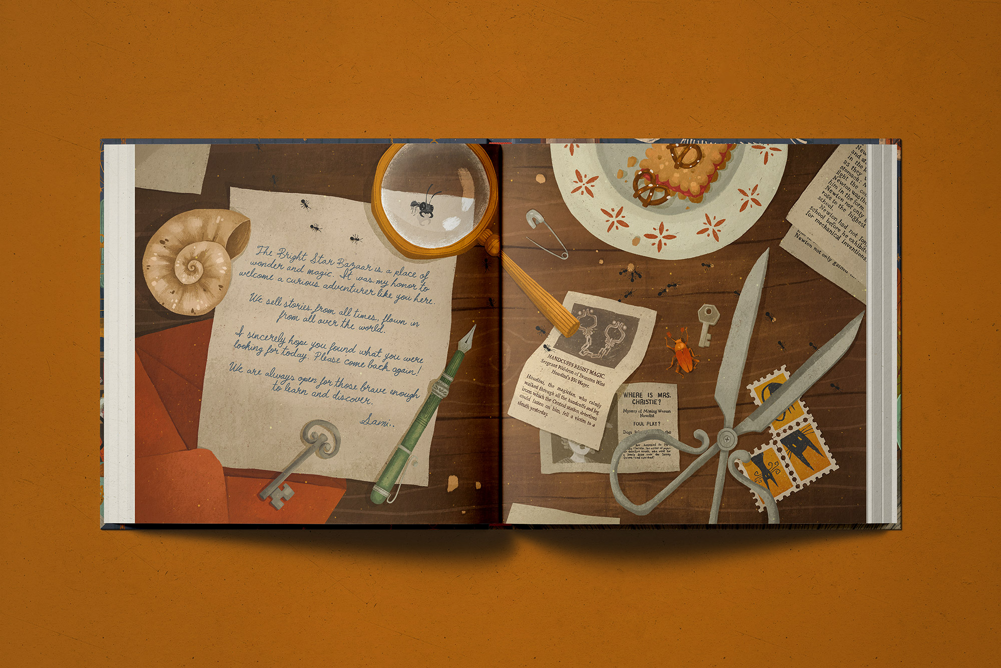Interior spread from The Magical Manacles — Sami's handwritten letter resting on a desk of curiosities with a nautilus shell, fountain pen, skeleton key, magnifying glass and newspaper clippings