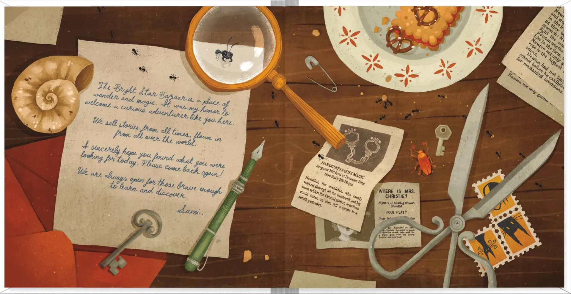 Interior spread from The Magical Manacles — Sami's handwritten letter on a desk of curiosities, clippings and keys